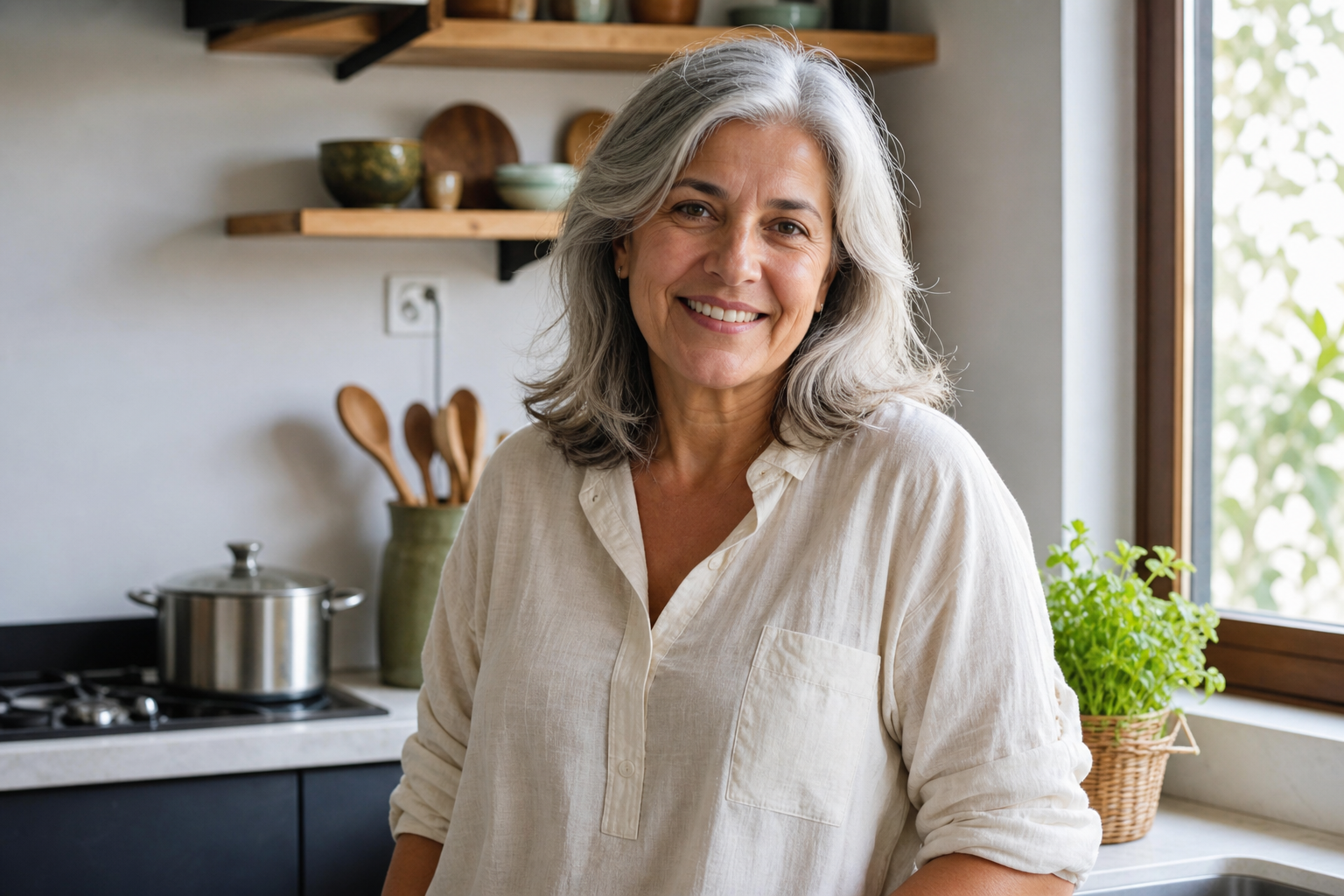 Maria Ferreira, 58 anos, retrato na cozinha