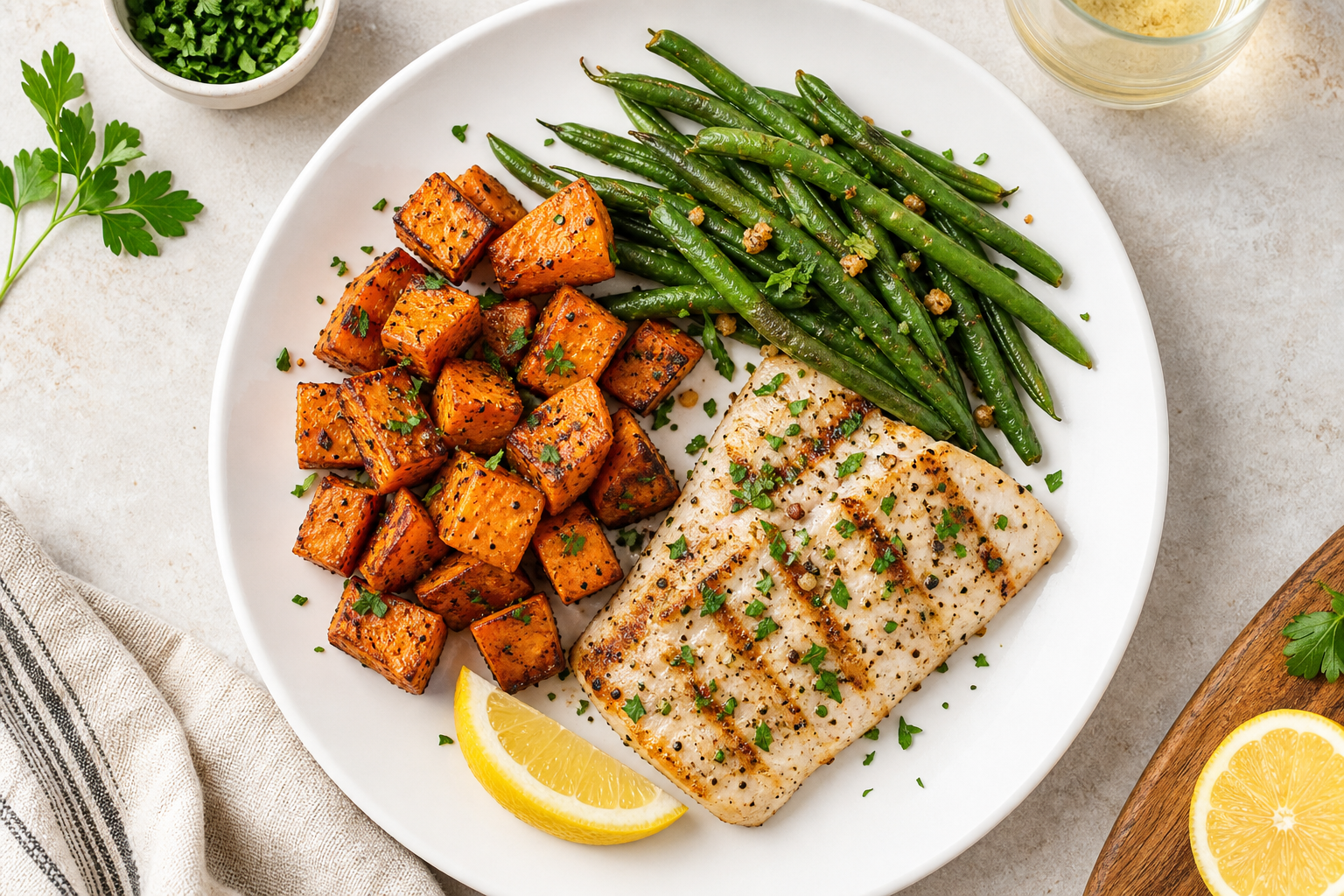 Prato mediterrânico saudável com peixe e legumes