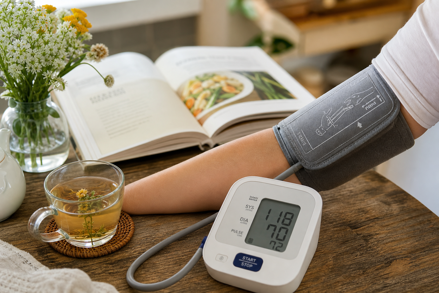 Manhã tranquila com chá e livro de receitas